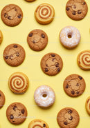 Assorted cookies and powdered donuts on yellow background