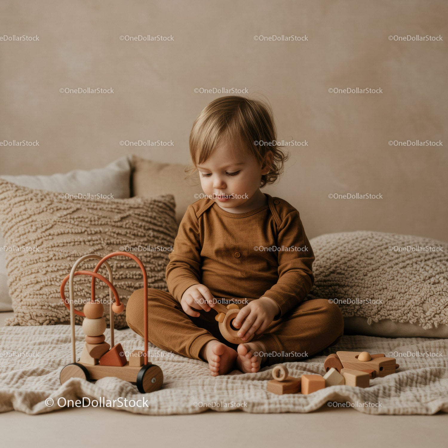 Toddler Playing with Wooden Toys on Cozy Bed