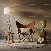 Cozy brown leather chair with ambient lighting setup