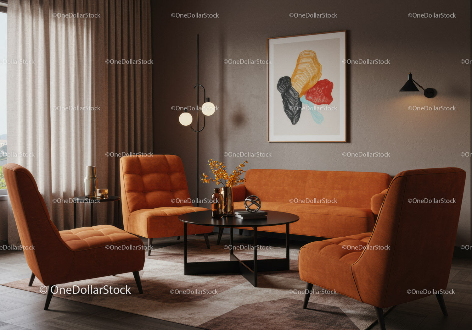 Cozy modern living room with vibrant orange seating