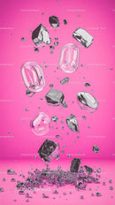 Dynamic Flying Ice Cubes and Rocks on Vibrant Pink Background
