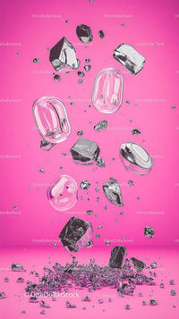Dynamic Flying Ice Cubes and Rocks on Vibrant Pink Background