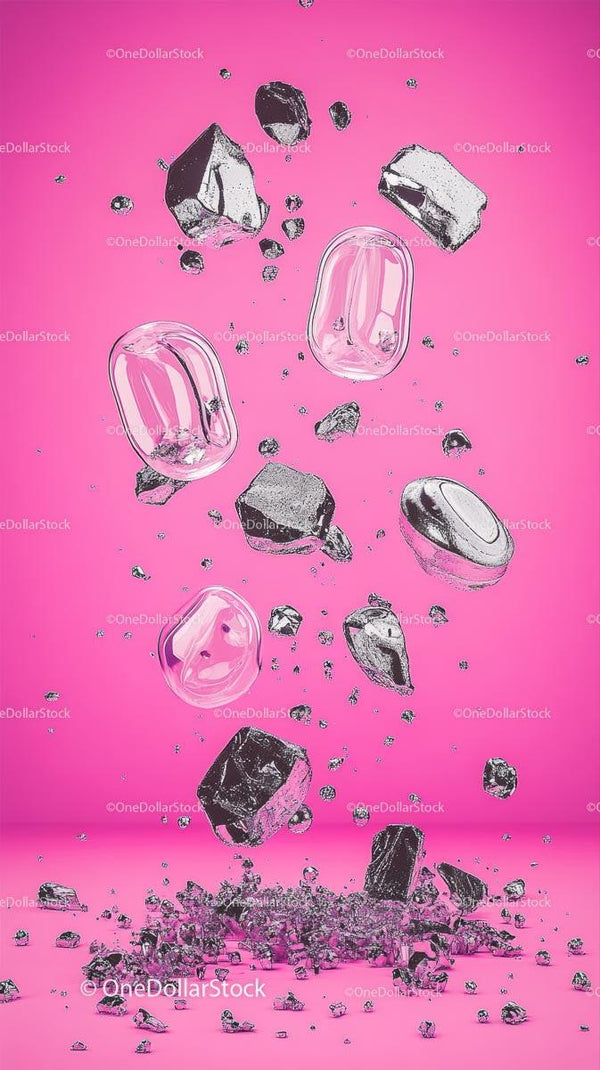 Dynamic Flying Ice Cubes and Rocks on Vibrant Pink Background