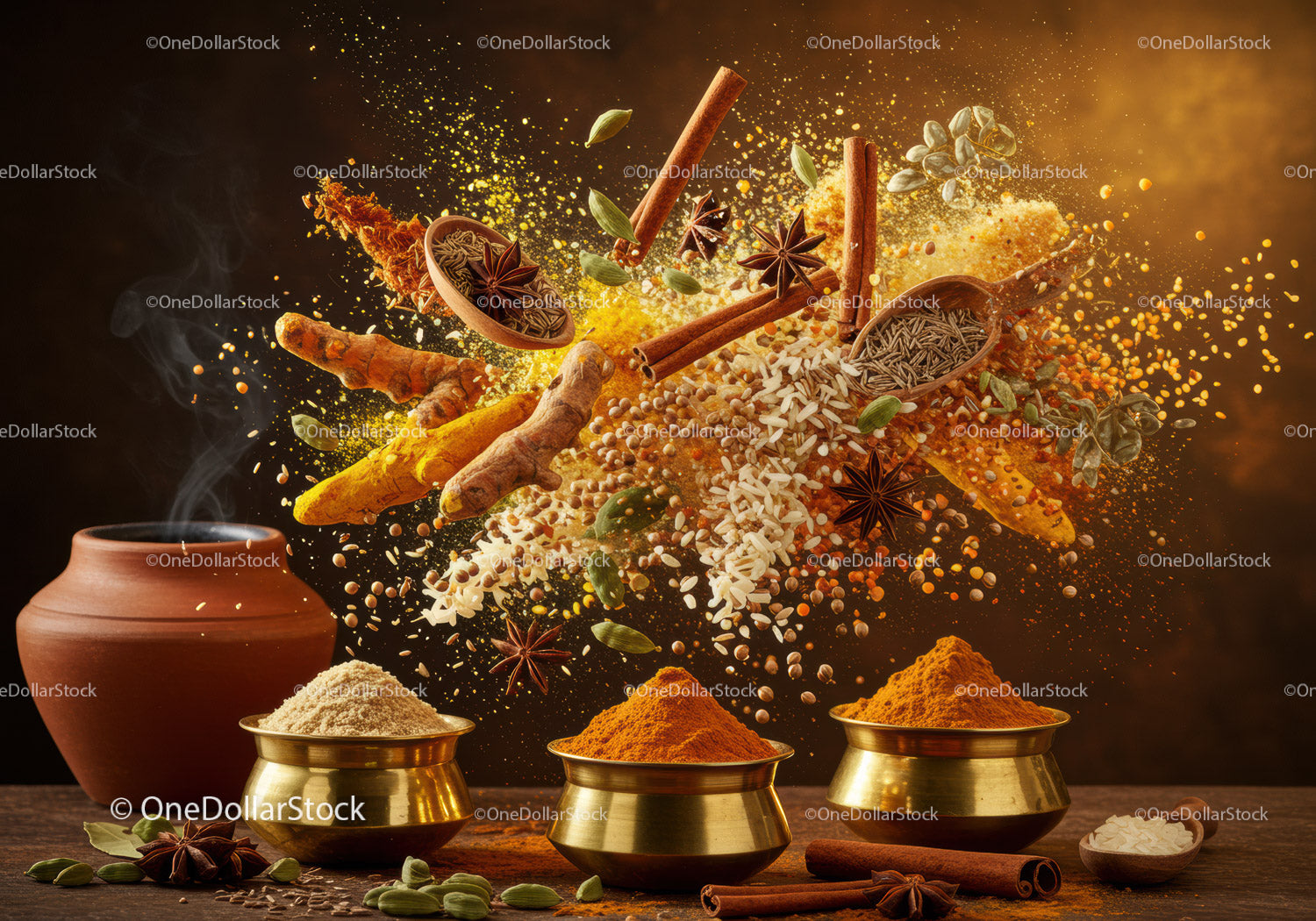 Assorted Aromatic Spices and Herbs with Clay Pot