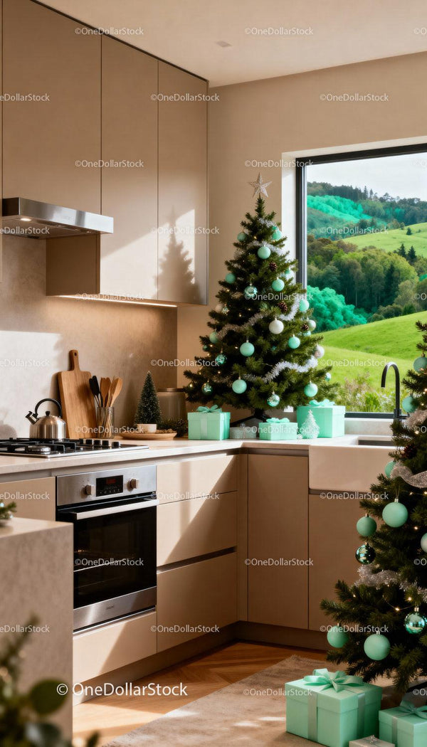 Modern kitchen decorated with Christmas trees and gifts