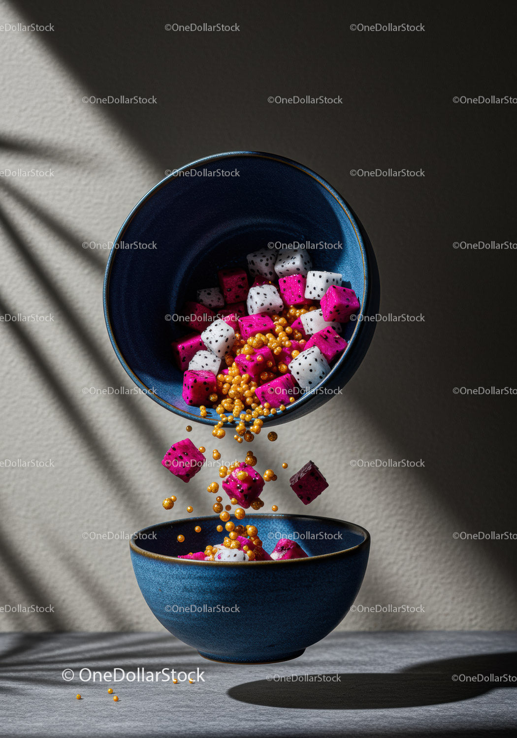 Vibrant Dragon Fruit Cubes and Cereal Falling Into Blue Bowl