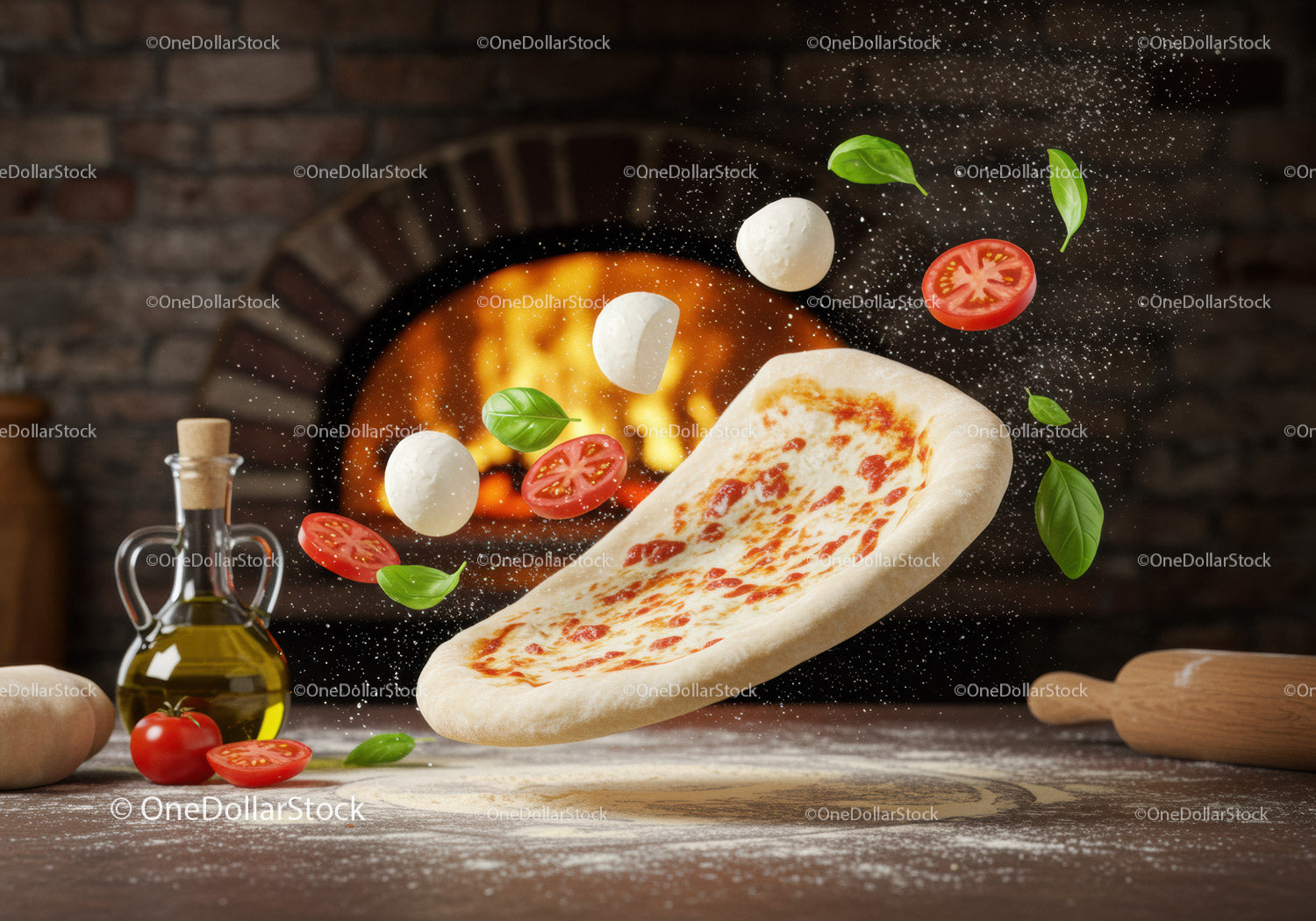 Fresh pizza dough with toppings flying near wood oven