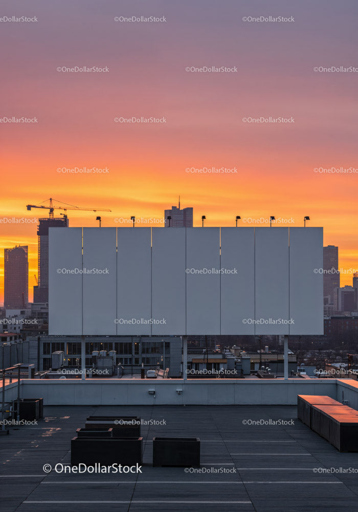 City Skyline with Construction Cranes and Sunset Sky