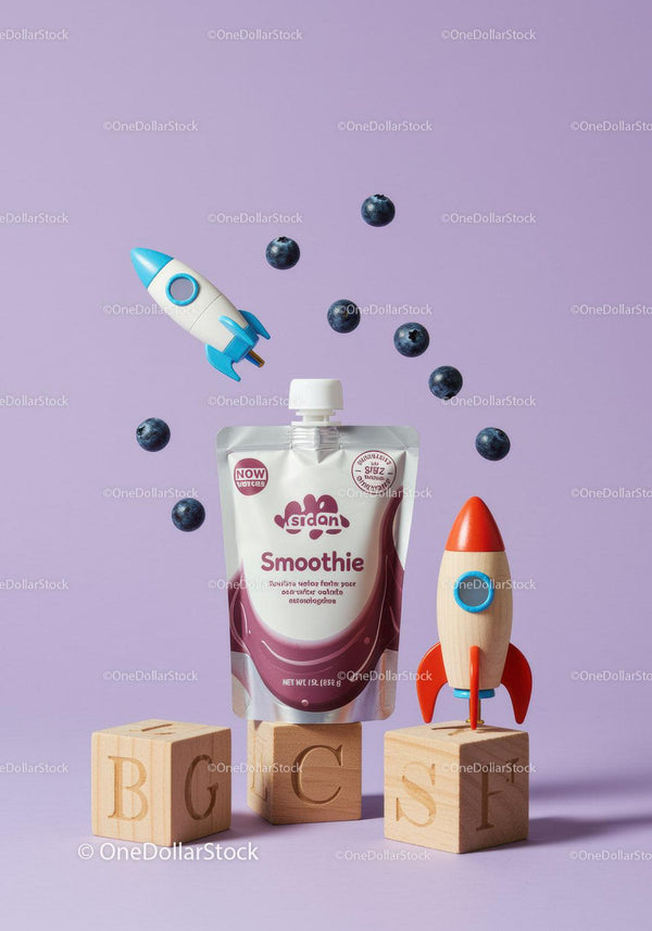 Blueberry smoothie with toy rockets on wooden blocks