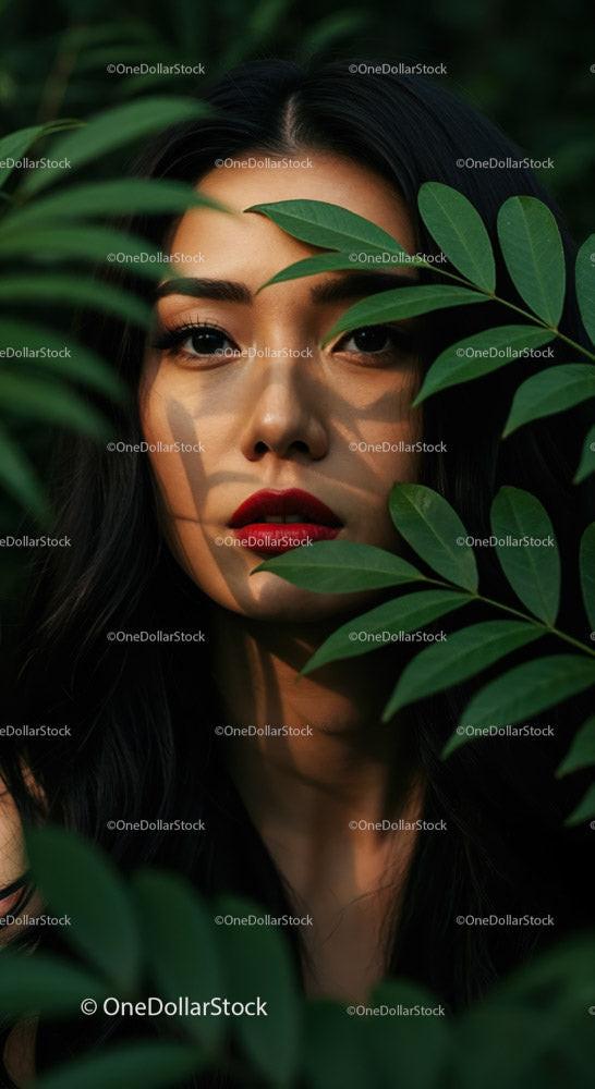 Close-up Portrait of a Woman with Red Lipstick Among Green Leaves