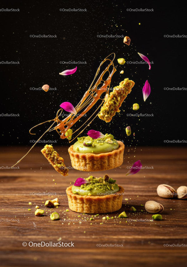Pistachio tartlets with caramel and flower petals