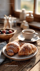 Fresh Croissants with Berries and Coffee on Rustic Wooden Table