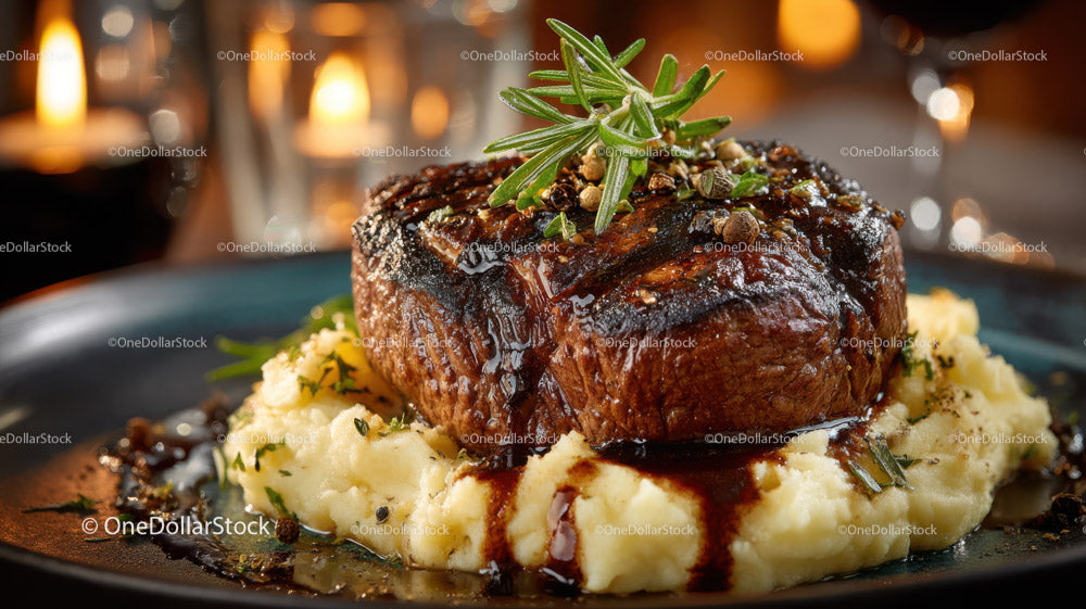 Gourmet Beef Steak Served with Mashed Potatoes and Herb Garnish