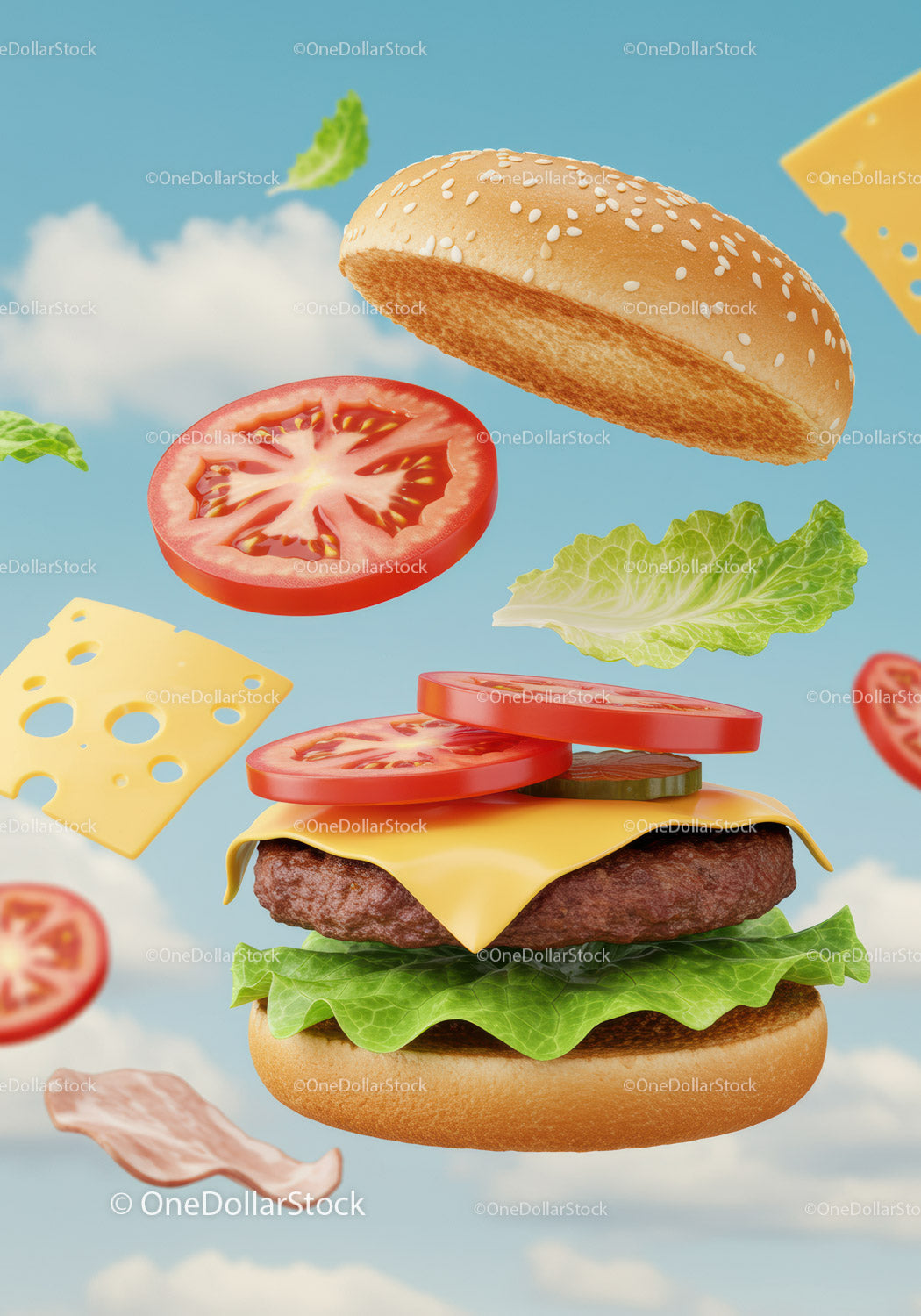 Floating Classic Cheeseburger with Fresh Ingredients