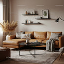 Cozy modern living room with leather sofa and pampas grass