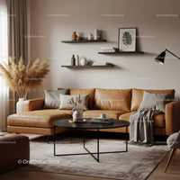 Cozy modern living room with leather sofa and pampas grass