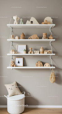 Stylish Nursery Shelf with Wooden Toys and Decor in Minimalist Style