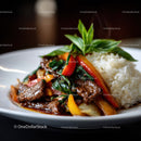 Colorful Beef and Vegetable Stir Fry Over Rice in Elegant Plate