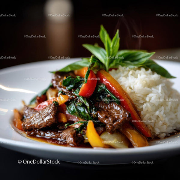 Kolorowe stir fry z wołowiną i warzywami na ryżu w eleganckim talerzu