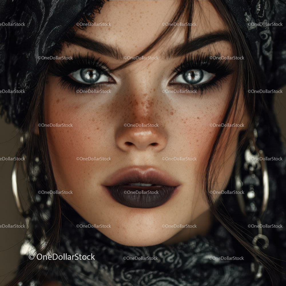 Striking Woman with Blue Eyes and Bold Makeup in Artistic Portrait
