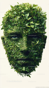 Eclectic Human Face Created from Lush Green Leaves and Foliage