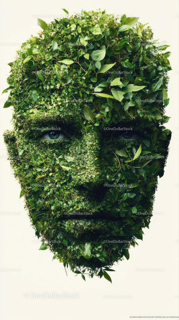 Green Leaf Covered Human Face Sculpture