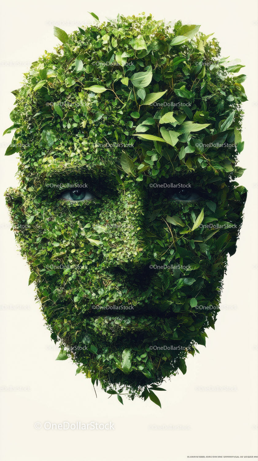 Eclectic Human Face Created from Lush Green Leaves and Foliage