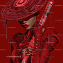 Futuristic Samurai in Neon Red Armor Holding Umbrella