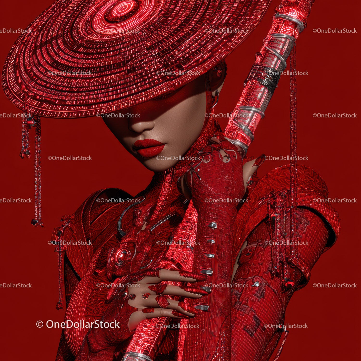 Futuristic Samurai in Neon Red Armor Holding Umbrella