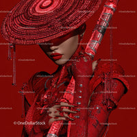 Futuristic Samurai in Neon Red Armor Holding Umbrella