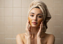Young Woman Applying Facial Mask with Towel Wrapped Head