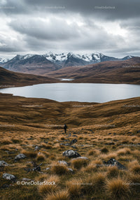 Majestic Snow-Capped Mountain Range Over Serene Lake and Moorland