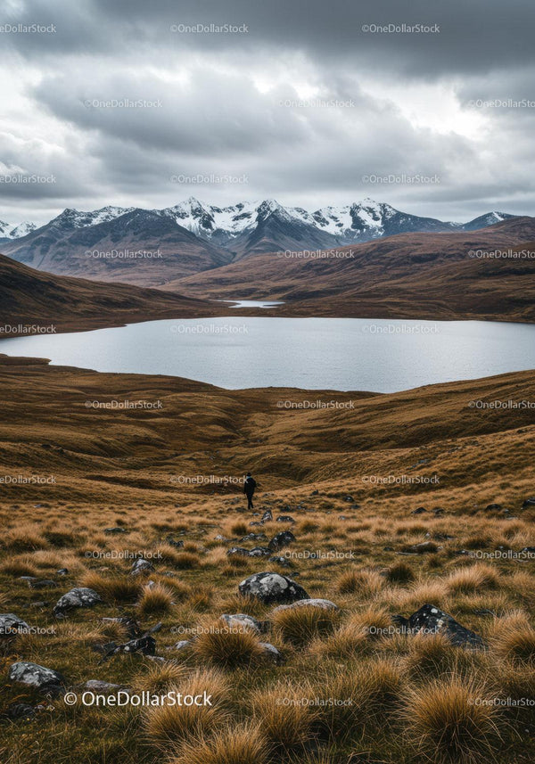 Majestic Snow-Capped Mountain Range Over Serene Lake and Moorland