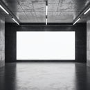 Empty modern gallery with large illuminated display screen