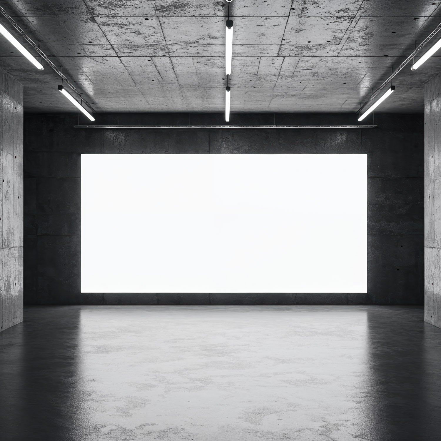 Empty modern gallery with large illuminated display screen