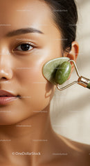 Close Up of Woman Using Jade Roller for Facial Rejuvenation