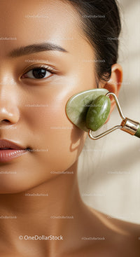 Close Up of Woman Using Jade Roller for Facial Rejuvenation