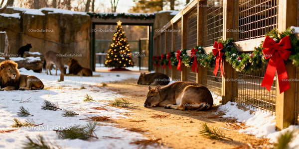 Zoo animals resting near festive Christmas decorations