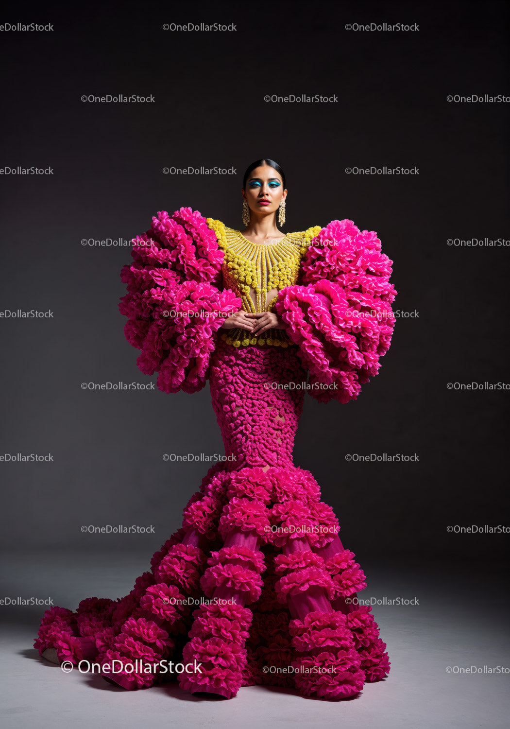 Fashion Model in Vibrant Pink and Yellow Flowing Gown