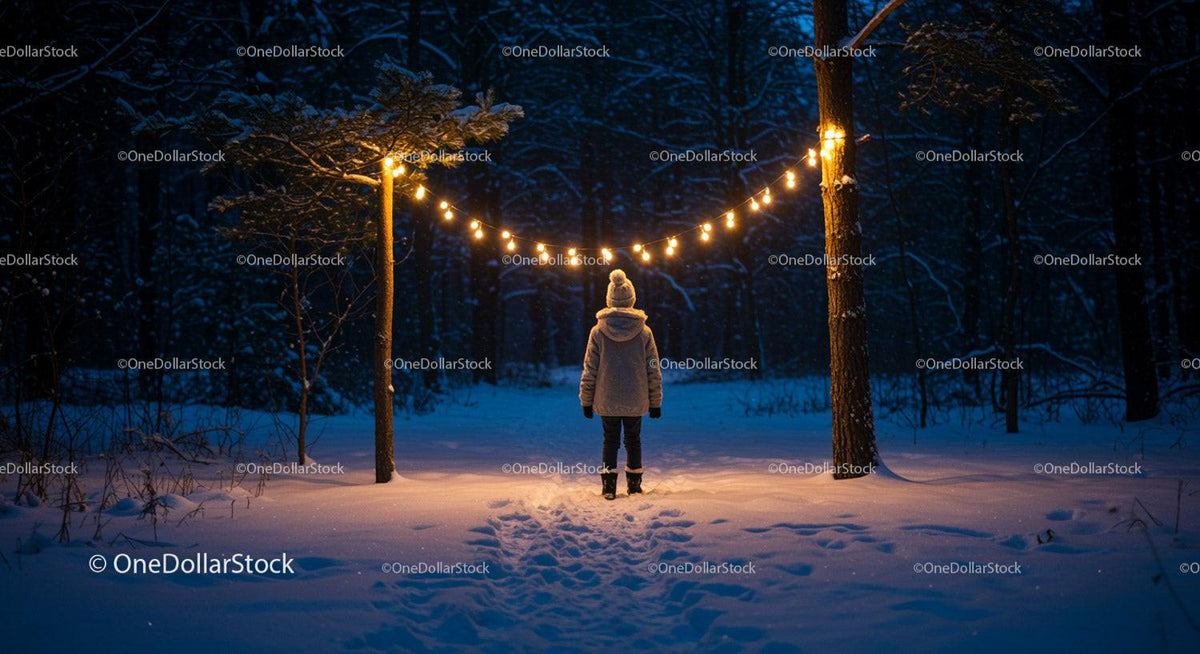 Child Standing Beneath Warm String Lights in Snowy Forest