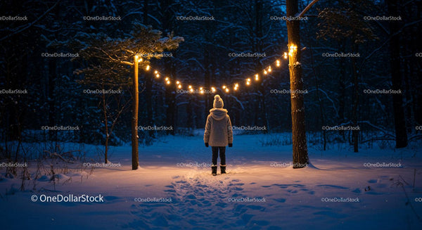 Child Standing Beneath Warm String Lights in Snowy Forest