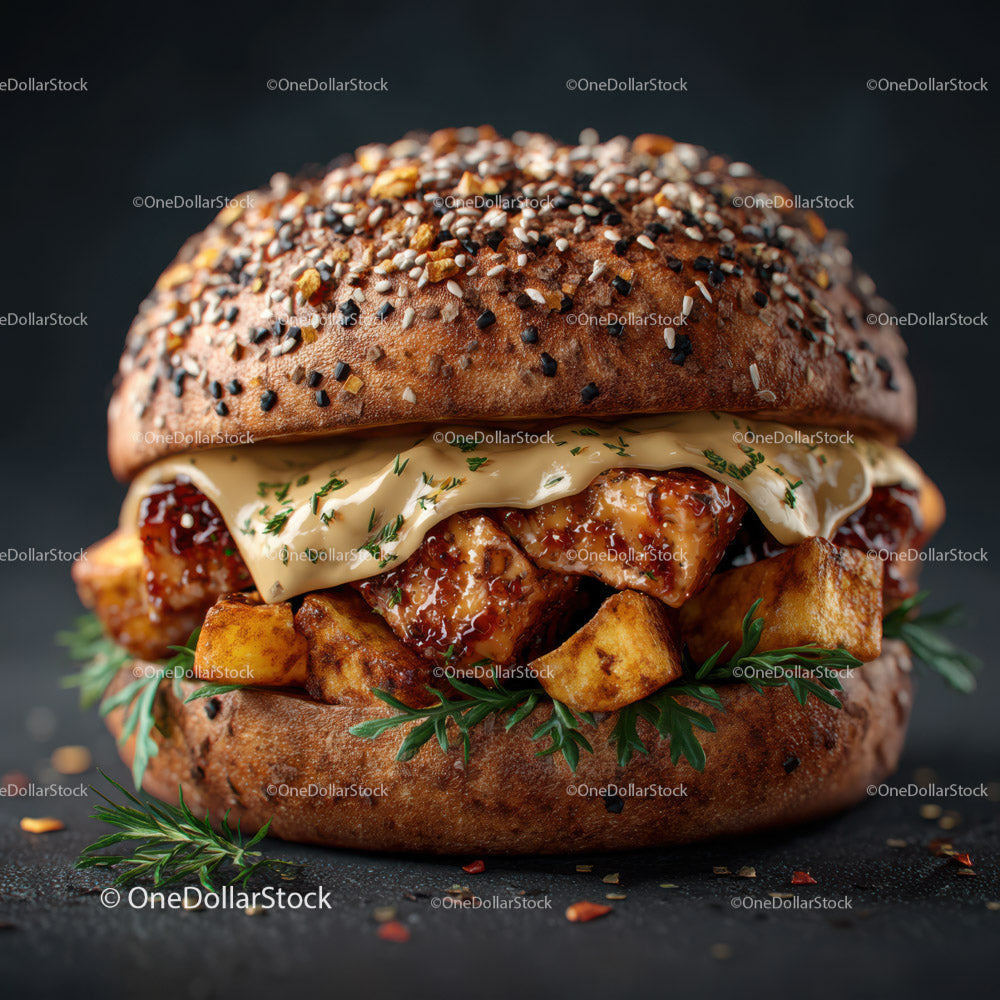 Delicious Double Cheeseburger with Bacon and Fresh Vegetables