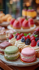 Colorful Assorted Macarons and Fresh Berry Topping on Dessert Platter