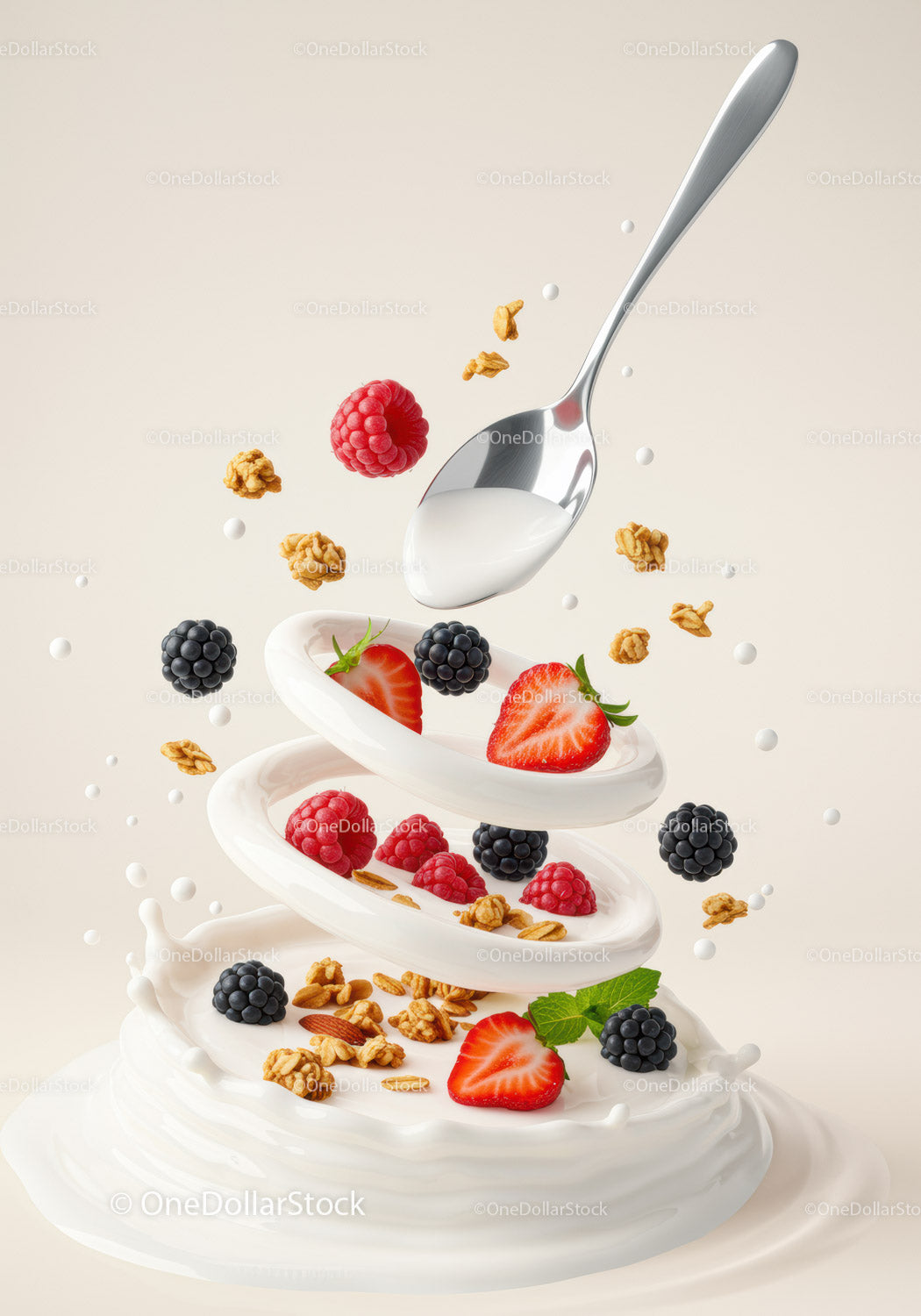 Fresh Berries and Granola Splashing in Milk