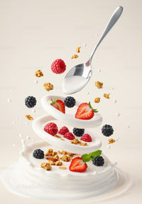 Fresh Berries and Granola Splashing in Milk