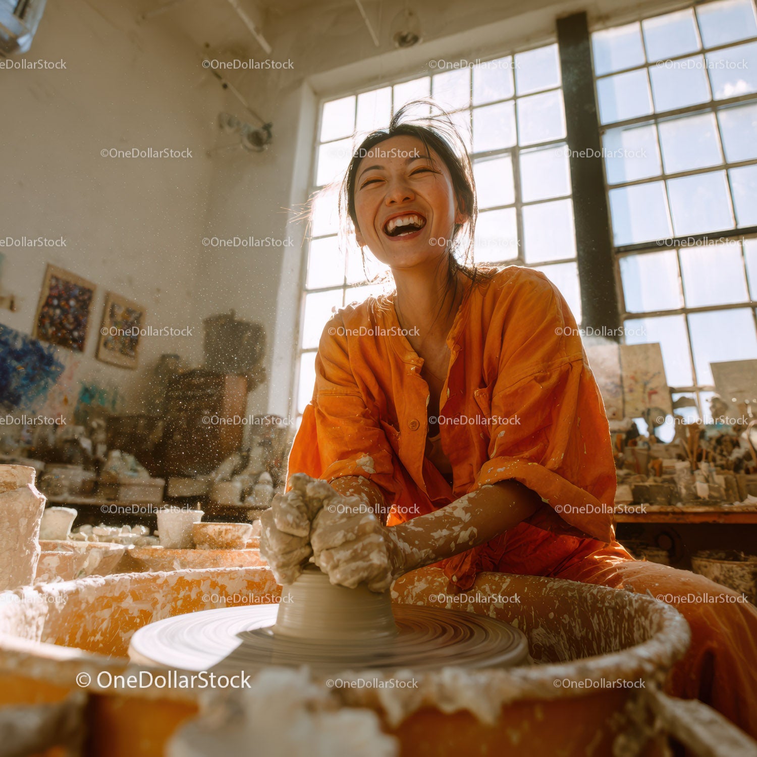 Joyful Woman Creating Handmade Pottery in Artistic Studio