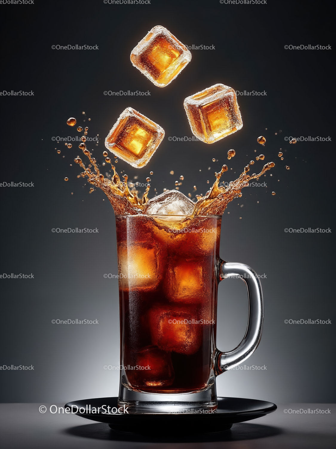 Refreshing glass of cola with ice cubes splash