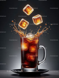 Refreshing glass of cola with ice cubes splash