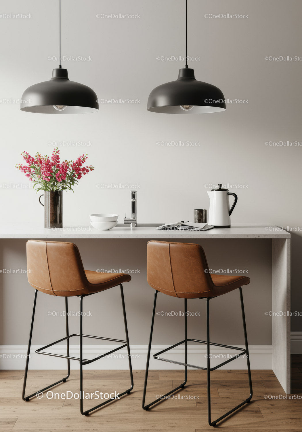 Modern Kitchen with Leather Bar Stools and Pendant Lights