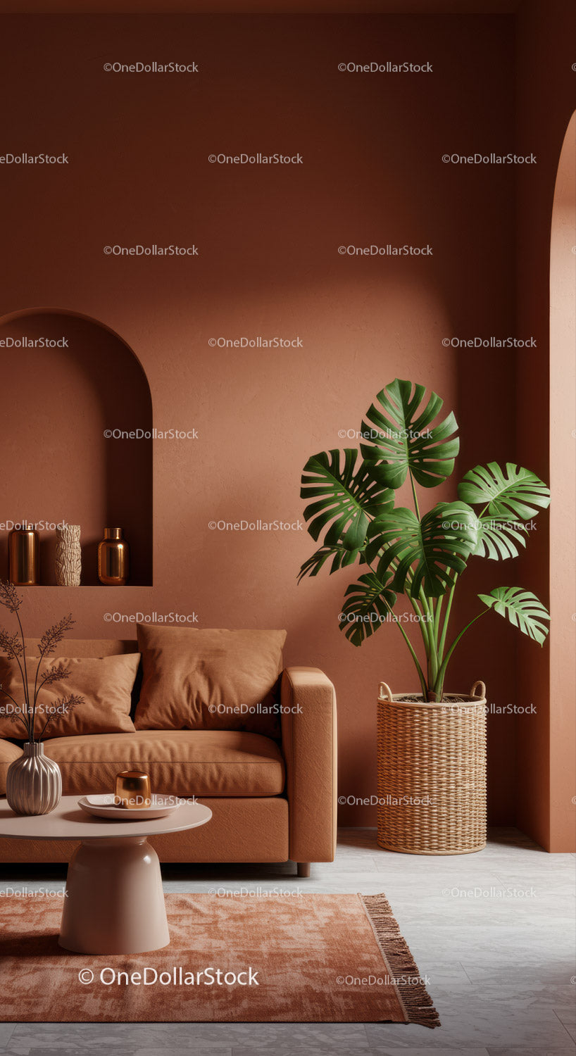 Nowoczesne wnętrze z dużą rośliną Monstera i ścianą z terakoty